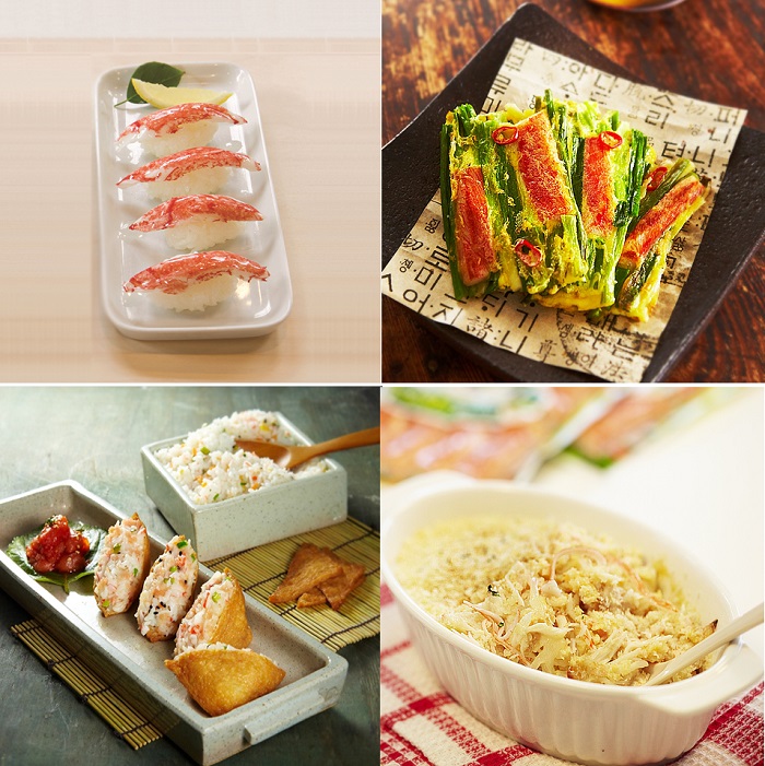 밥 위에 게맛살을 올린 게맛살 스시와 게맛살 전 (위), 게맛살이 들어간 유부초밥과 치즈 게맛살 그라탕(아래). 
