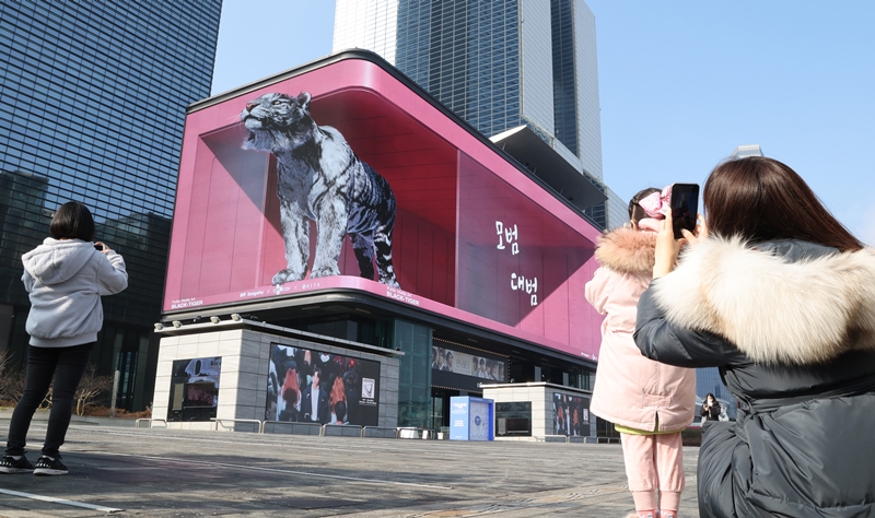 2 января перед зданием COEX (Самсон-дон, Каннам-гу, Сеул) жители наблюдали за 3D изображением черного тигра, символа наступившего 2022 года. / Фото: Рёнхап