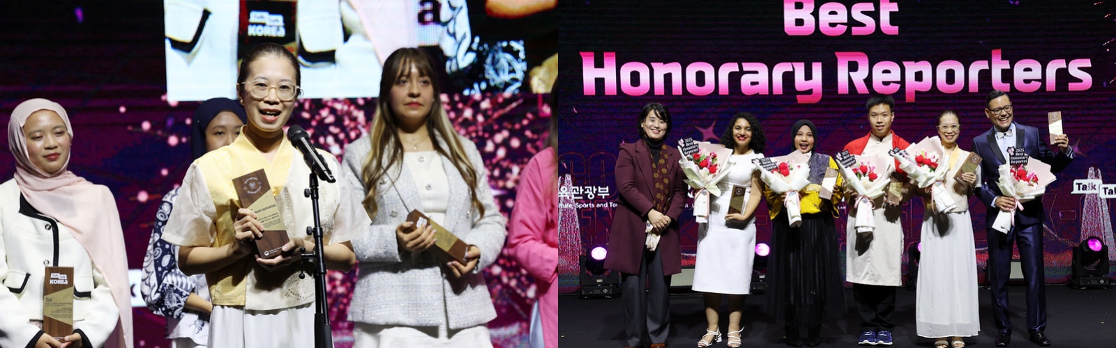 Слева: Миртл Айрис Вильяраджа из Филиппин выступает с благодарственной речью. Справа: Пять лучших Почетных репортеров Korea.net этого года. Слева направо: генеральный директор Бюро глобальных коммуникаций министерства культуры Чхэ Су Хи, Иман Ахмед Мохамед (Египет), Ханум Нур Априлия (Индонезия), Хоан Суан Тунг (Вьетнам), Миртл Айрис Вильяраджа (Филиппины) и Хосе Алилио Пенья Серпа (Венесуэла). / Фото: Ли Чжон У  