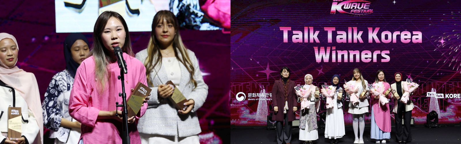 Слева: Хай Ань Тран из Вьетнама произносит благодарственную речь. Справа: Пять победителей конкурса «Talk Talk Korea 2025». Слева направо: генеральный директор Бюро глобальных коммуникаций министерства культуры Чхэ Су Хи, Вина Аулия Закия Содикин (Индонезия), Ситра Аулия Маулида Ризка (Индонезия), Мерили Лойя (Мексика), Хай Ань Тран (Вьетнам) и Сара Мохамед (Египет). / Фото: Ли Чжон У 