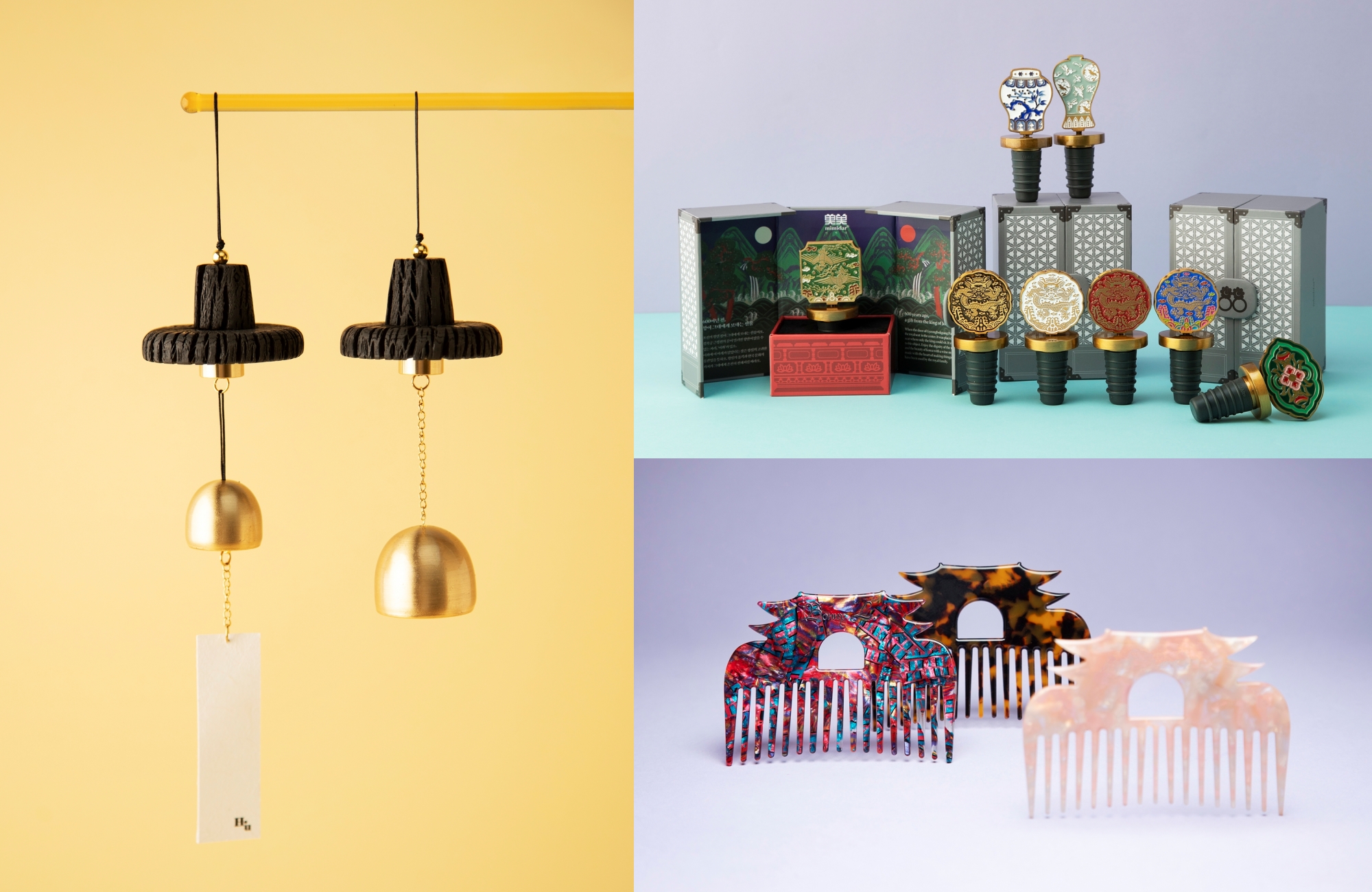 Победители конкурса туристических сувениров 2025 года. По часовой стрелке слева направо: Колокольчики «Call Me In – Gat Wind Chime» (серебро министра культуры, спорта и туризма), «Винная пробка королей эпохи Чосон» (Президентская премия) и Дворцовый гребень (Специальная награда президента универмага Hyundai). / Фото: НОТК 