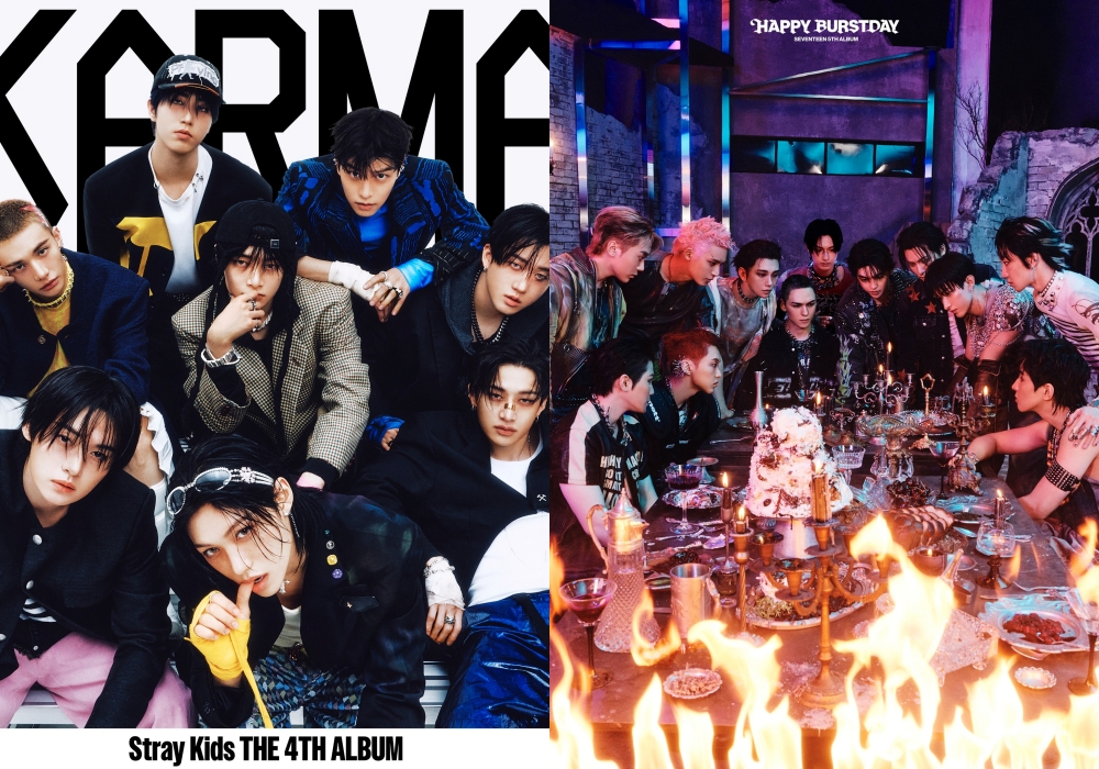 Постеры к альбомам Stray Kids &laquo;KARMA&raquo; (слева) и SEVENTEEN &laquo;HAPPY BURSTDAY&raquo;, занявшим второе и третье места в &laquo;Глобальном чарте продаж альбомов&raquo; IFPI по итогам прошлого года. / Фото: Facebook Stray Kids и SEVENTEEN 