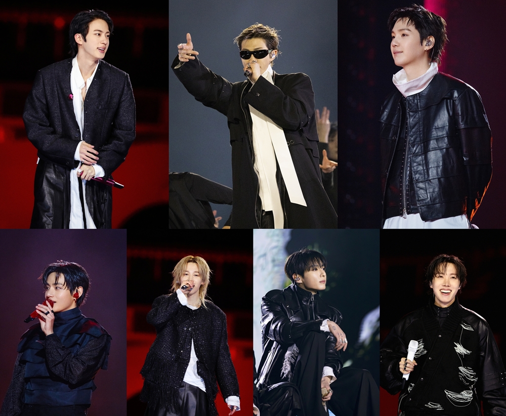 Чин, RM, Шуга, Джей-Хоуп, Чонгук, Чимин и Ви (по часовой стрелке) 21 марта выступают на концерте &laquo;BTS Comeback Live: ARIRANG&raquo; на площади Кванхвамун в Сеуле. / Фото: BIGHIT MUSIC и Netflix   