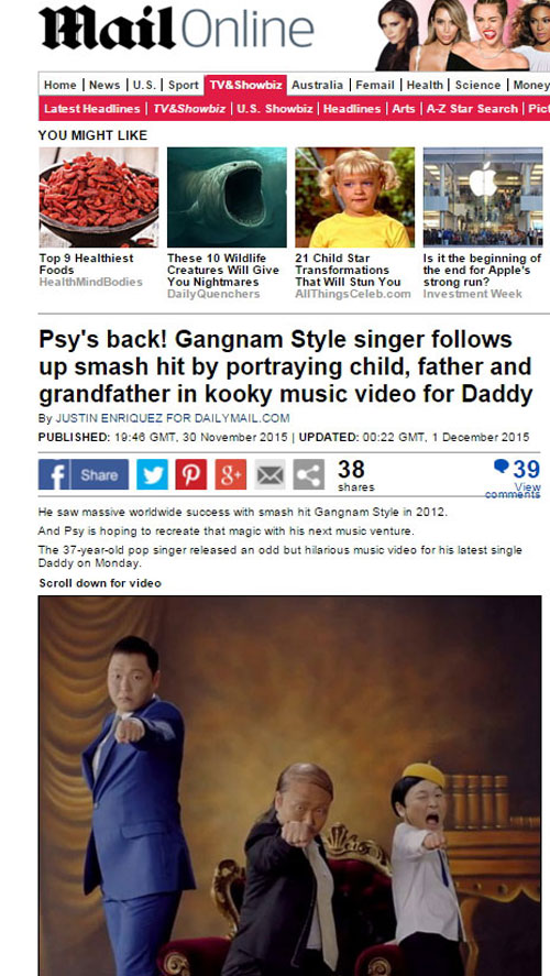 영국의 데일리 메일지는 싸이의 새 앨범을 ‘대디’ 뮤직비디오 주요 장면과 함께 소개했다.