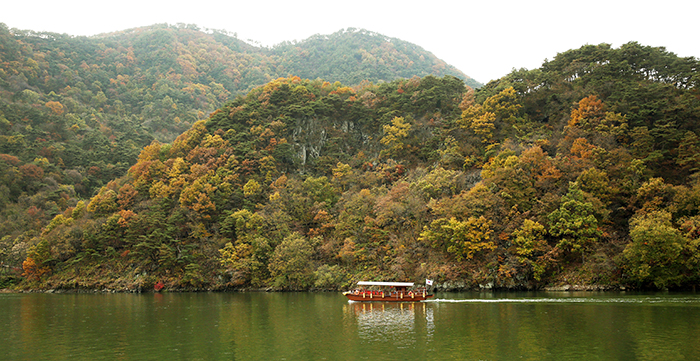 충청북도 괴산군 괴산호에서는 유람선을 타고 단풍을 즐길 수 있다.