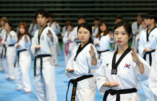 한국 대학교 태권도 동아리 회원들이 21일 태권도원에서 해외 언론인들이 지켜보는 가운데 품새를 시범 보이고 있다.