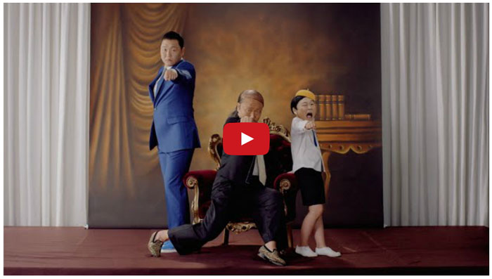 싸이가 자신의 공식 유튜브에 1일 공개한 ‘나팔바지’(위)와 ‘대디’ 뮤직비디오 영상.