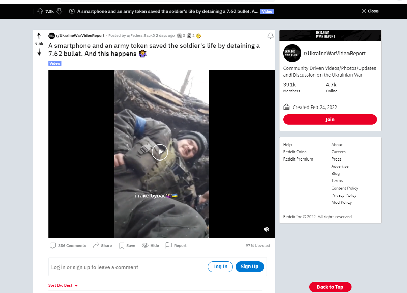 В сети набирает популярность видео украинского солдата, который остался жив благодаря своему телефону Samsung Galaxy. / Фото: Сайт Reddit