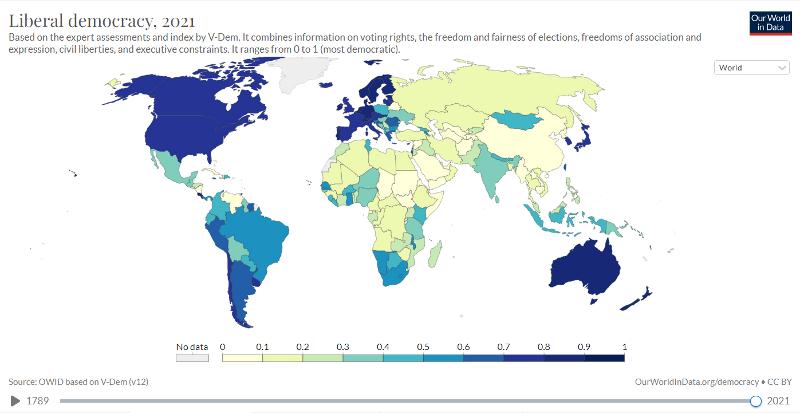 Согласно карте индекса либеральной демократии, опубликованной 19 июля британским сайтом глобальной статистики «Our World in Data», в прошлом году Южная Корея заняла 17-е место среди 177 стран. / Фото: Сайт «Our World in Data»