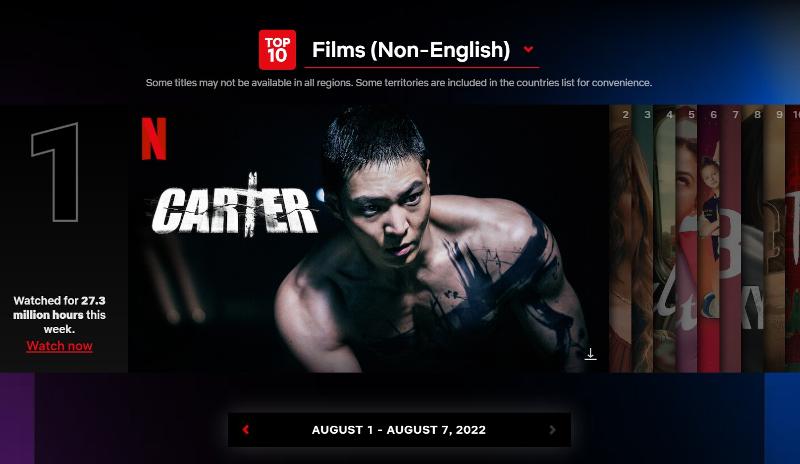 Корейские фильм «Картер» и сериал «Необычный адвокат У Ён У» заняли первое место в категориях неанглоязычных фильмов и сериалов на Netflix. Постер к фильму «Картер», который находится на первом месте в «Топ-10 Netflix». / Фото: Сайт Топ-10 Netflix