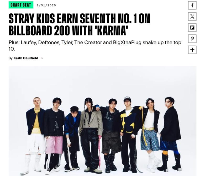 K-POP группа Stray Kids с новым студийным альбомом «KARMA» в седьмой раз в своей карьере возглавила главный альбомный чарт США «Billboard 200». / Фото: сайт Billboard