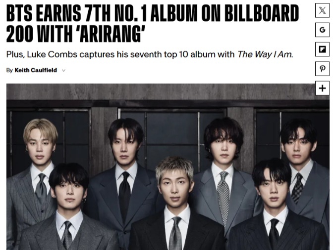 Новый альбом BTS «ARIRANG» возглавил чарт «Billboard 200»